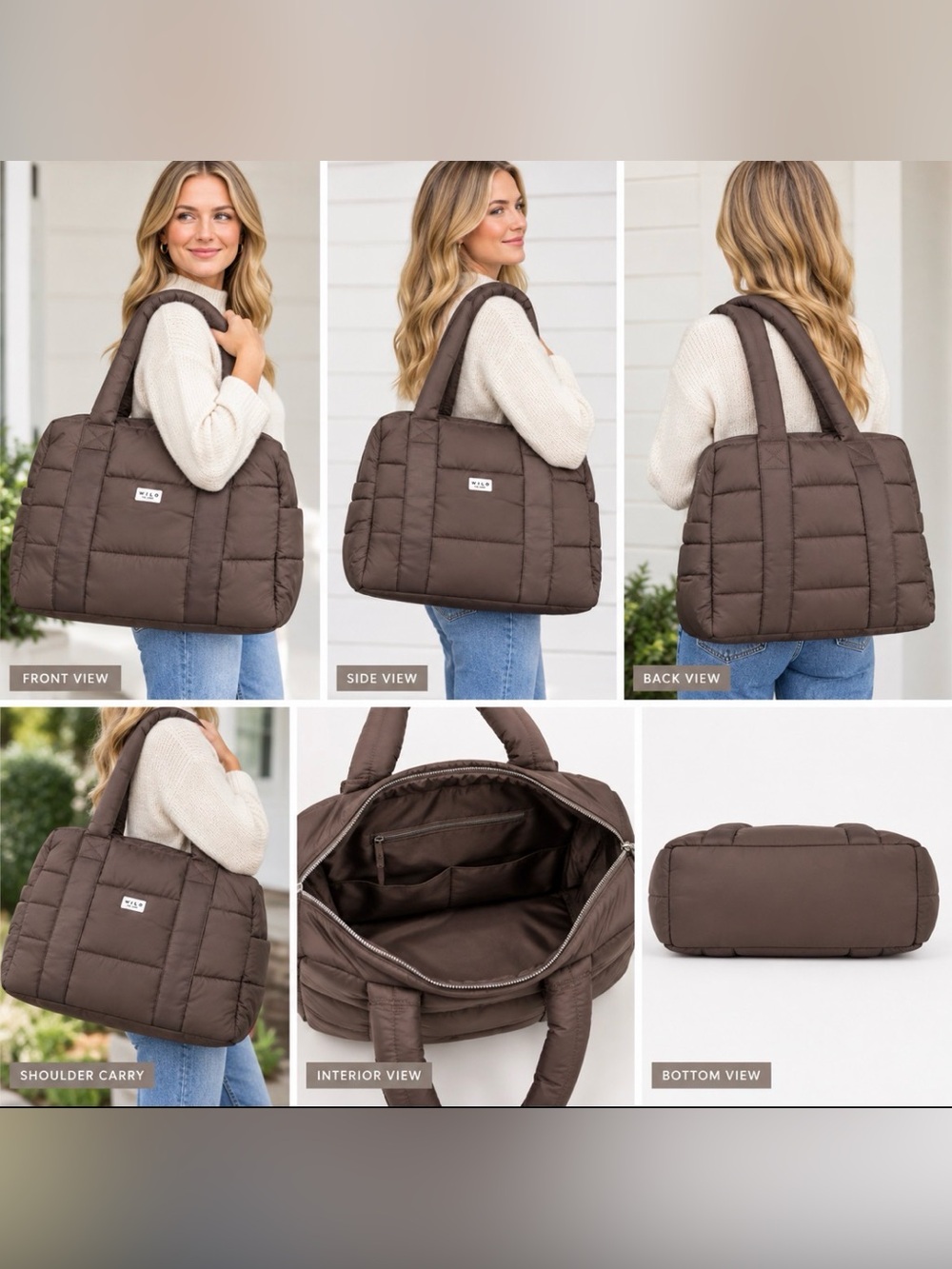 NWT WILO THE LABEL WOMEN'S "VOYAGE" QUILTED TOTE BAG- BROWN - Picture 3 of 5